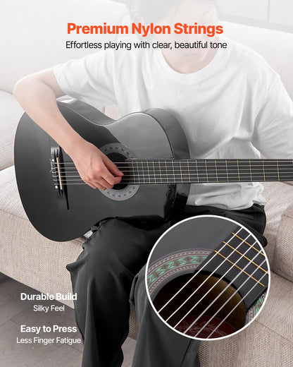 Classical Guitar, 30 Inch, Wood Classical Guitar Starter Kit for Beginners, with Nylon Strings, Gig Bag, Strap, Tuner, Extra Strings, Picks, Capo, Basswood, for Kids Girls Boys Students, Black