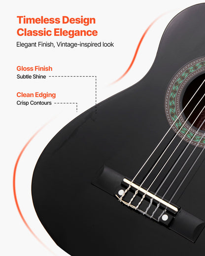 Classical Guitar, 30 Inch, Wood Classical Guitar Starter Kit for Beginners, with Nylon Strings, Gig Bag, Strap, Tuner, Extra Strings, Picks, Capo, Basswood, for Kids Girls Boys Students, Black