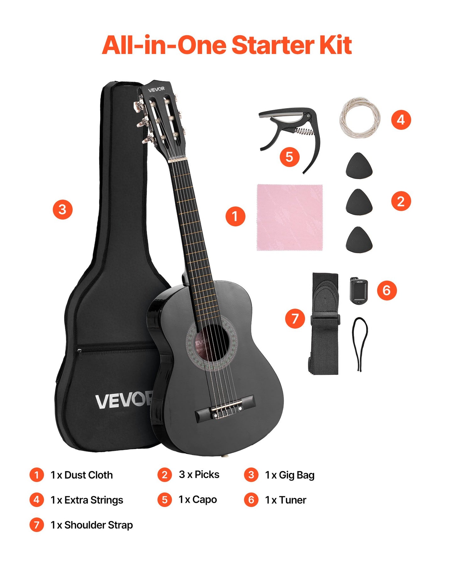 Classical Guitar, 30 Inch, Wood Classical Guitar Starter Kit for Beginners, with Nylon Strings, Gig Bag, Strap, Tuner, Extra Strings, Picks, Capo, Basswood, for Kids Girls Boys Students, Black