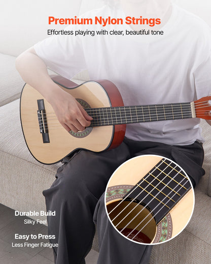 Classical Guitar, 30 Inch, Wood Classical Guitar Starter Kit for Beginners, with Nylon Strings, Gig Bag, Strap, Tuner, Extra Strings, Picks, Capo, Basswood, for Kids Girls Boys Students, Natural
