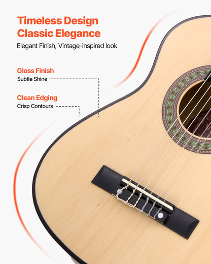Classical Guitar, 30 Inch, Wood Classical Guitar Starter Kit for Beginners, with Nylon Strings, Gig Bag, Strap, Tuner, Extra Strings, Picks, Capo, Basswood, for Kids Girls Boys Students, Natural