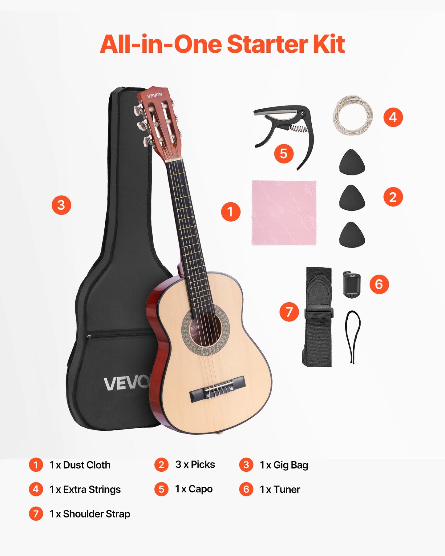 Classical Guitar, 30 Inch, Wood Classical Guitar Starter Kit for Beginners, with Nylon Strings, Gig Bag, Strap, Tuner, Extra Strings, Picks, Capo, Basswood, for Kids Girls Boys Students, Natural