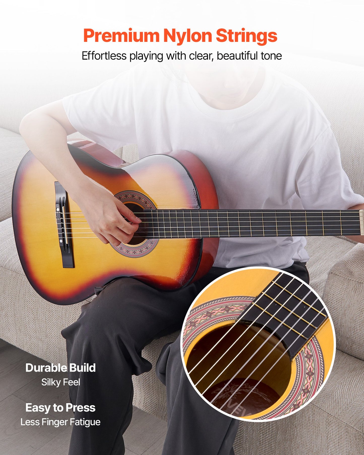 Classical Guitar, 38 Inch, Wood Classical Guitar Starter Kit for Beginners, with Nylon Strings, Gig Bag, Strap, Tuner, Extra String, Pick, Capo, Basswood, for Teenagers Adults Students, Sunburst