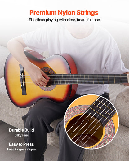 Classical Guitar, 38 Inch, Wood Classical Guitar Starter Kit for Beginners, with Nylon Strings, Gig Bag, Strap, Tuner, Extra String, Pick, Capo, Basswood, for Teenagers Adults Students, Sunburst