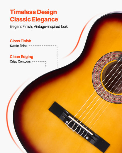 Classical Guitar, 38 Inch, Wood Classical Guitar Starter Kit for Beginners, with Nylon Strings, Gig Bag, Strap, Tuner, Extra String, Pick, Capo, Basswood, for Teenagers Adults Students, Sunburst