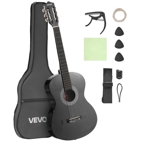 Classical Guitar, 38 Inch, Wood Classical Guitar Starter Kit for Beginners, with Nylon Strings, Gig Bag, Strap, Tuner, Extra Strings, Picks, Capo, Basswood, for Teenagers Adults Students, Black