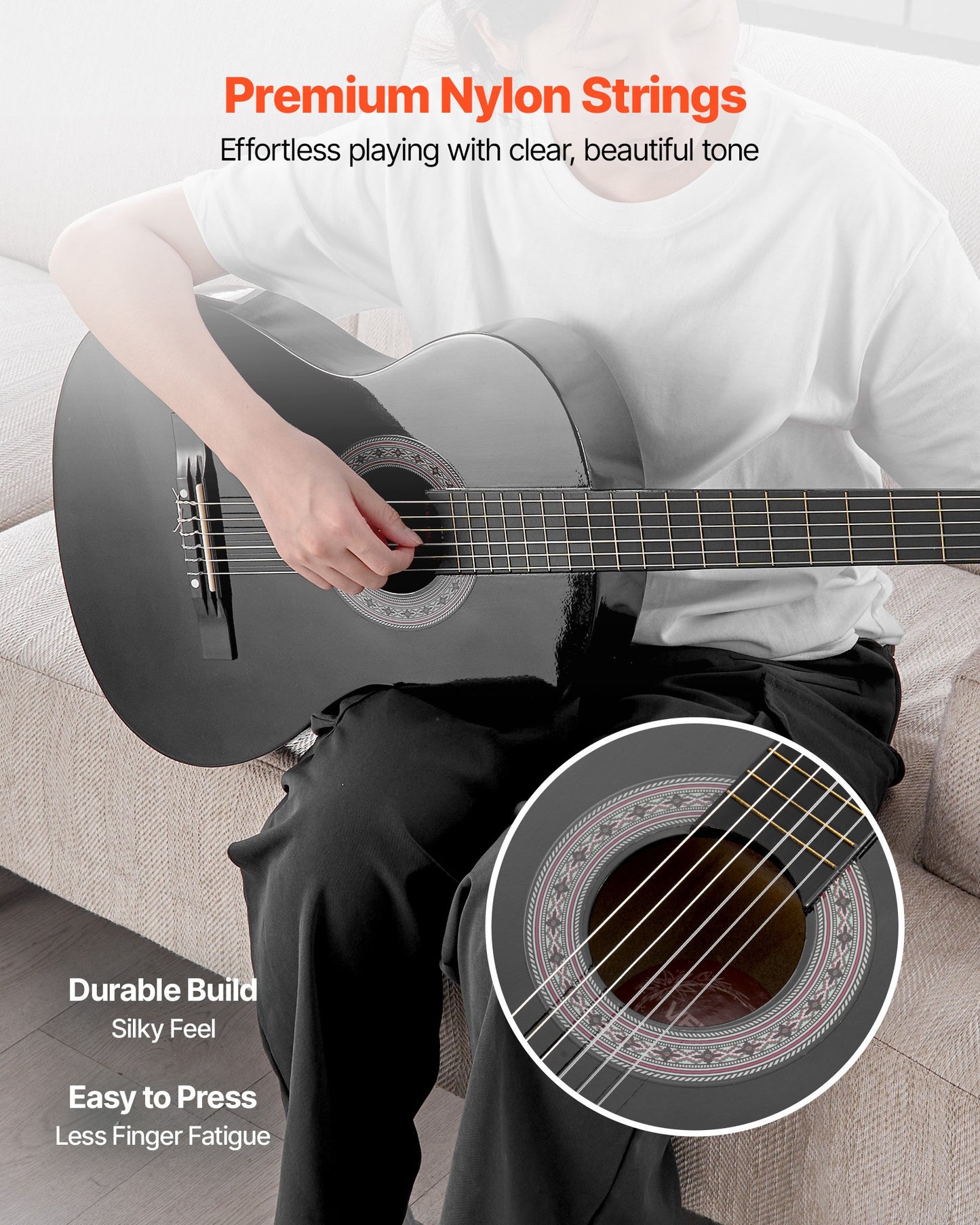 Classical Guitar, 38 Inch, Wood Classical Guitar Starter Kit for Beginners, with Nylon Strings, Gig Bag, Strap, Tuner, Extra Strings, Picks, Capo, Basswood, for Teenagers Adults Students, Black