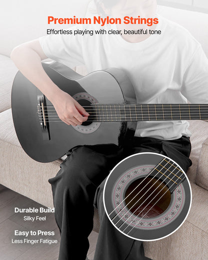 Classical Guitar, 38 Inch, Wood Classical Guitar Starter Kit for Beginners, with Nylon Strings, Gig Bag, Strap, Tuner, Extra Strings, Picks, Capo, Basswood, for Teenagers Adults Students, Black