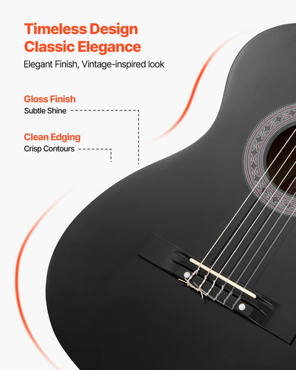 Classical Guitar, 38 Inch, Wood Classical Guitar Starter Kit for Beginners, with Nylon Strings, Gig Bag, Strap, Tuner, Extra Strings, Picks, Capo, Basswood, for Teenagers Adults Students, Black