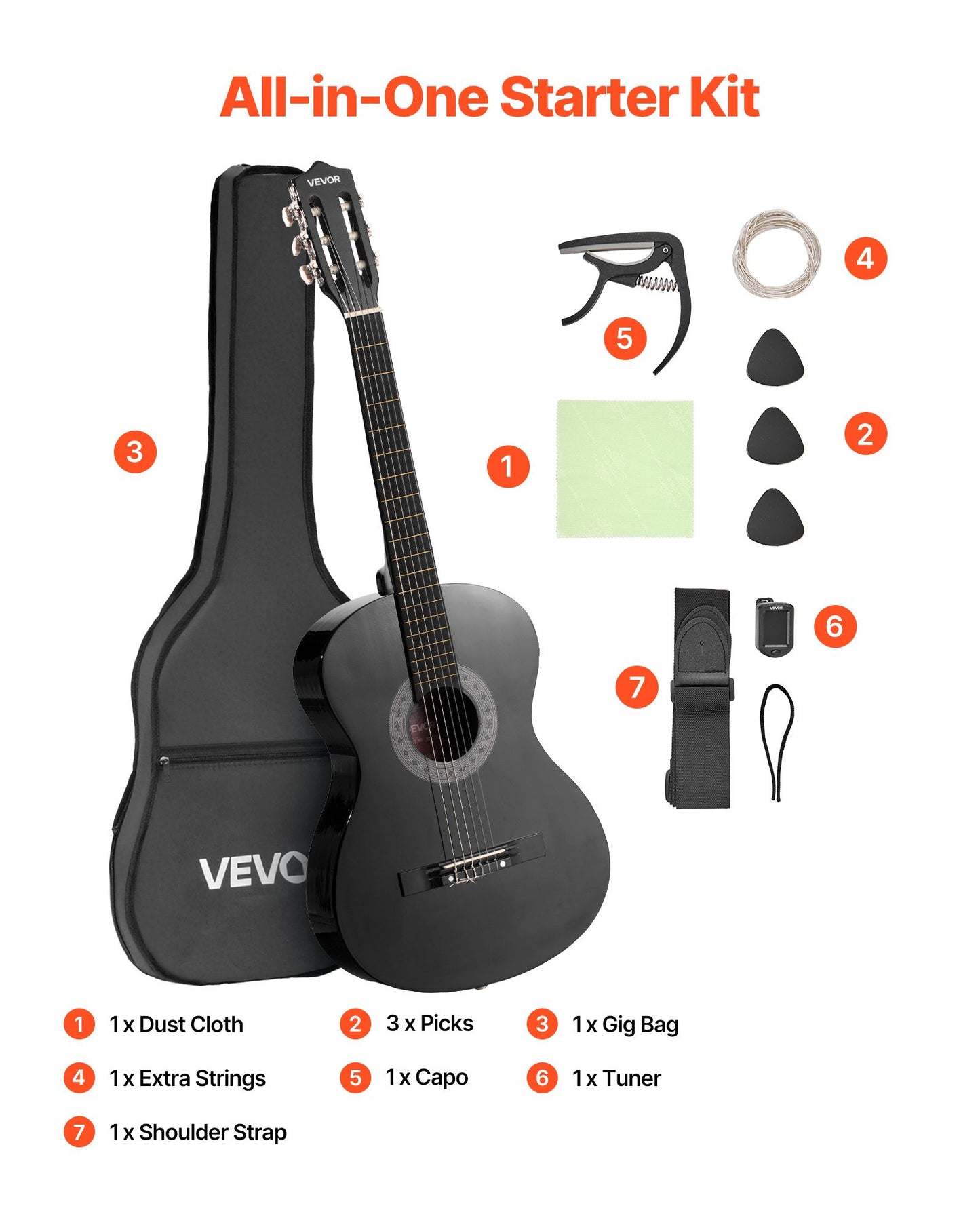 Classical Guitar, 38 Inch, Wood Classical Guitar Starter Kit for Beginners, with Nylon Strings, Gig Bag, Strap, Tuner, Extra Strings, Picks, Capo, Basswood, for Teenagers Adults Students, Black