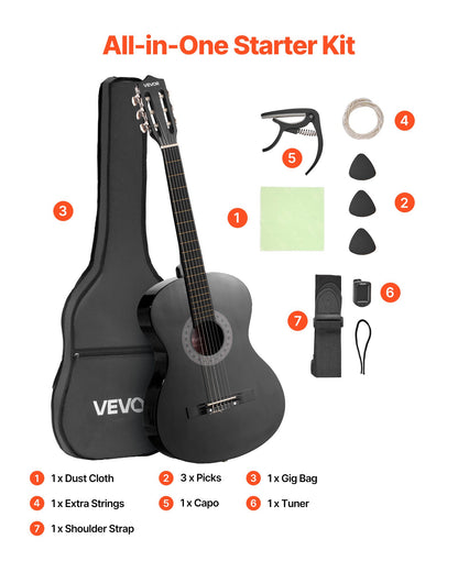 Classical Guitar, 38 Inch, Wood Classical Guitar Starter Kit for Beginners, with Nylon Strings, Gig Bag, Strap, Tuner, Extra Strings, Picks, Capo, Basswood, for Teenagers Adults Students, Black