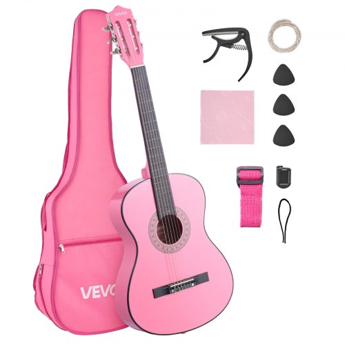 Classical Guitar, 38 Inch, Wood Classical Guitar Starter Kit for Beginners, with Nylon Strings, Gig Bag, Strap, Tuner, Extra Strings, Picks, Capo, Basswood, for Teenagers Adults Students, Pink