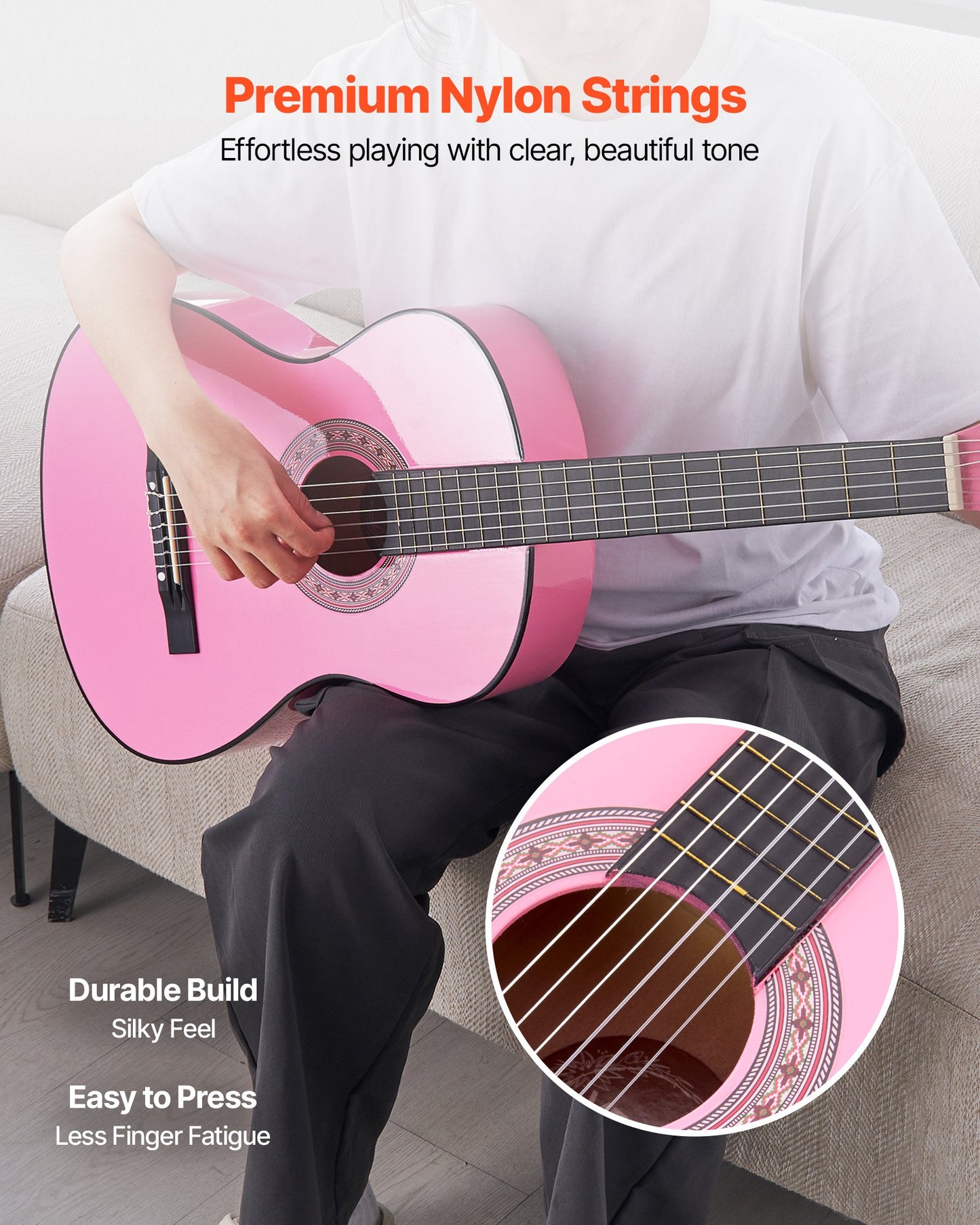 Classical Guitar, 38 Inch, Wood Classical Guitar Starter Kit for Beginners, with Nylon Strings, Gig Bag, Strap, Tuner, Extra Strings, Picks, Capo, Basswood, for Teenagers Adults Students, Pink