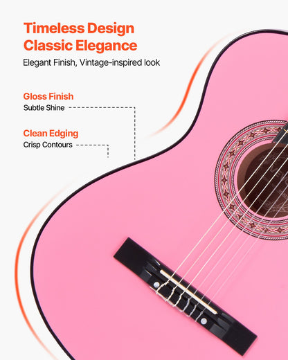 Classical Guitar, 38 Inch, Wood Classical Guitar Starter Kit for Beginners, with Nylon Strings, Gig Bag, Strap, Tuner, Extra Strings, Picks, Capo, Basswood, for Teenagers Adults Students, Pink