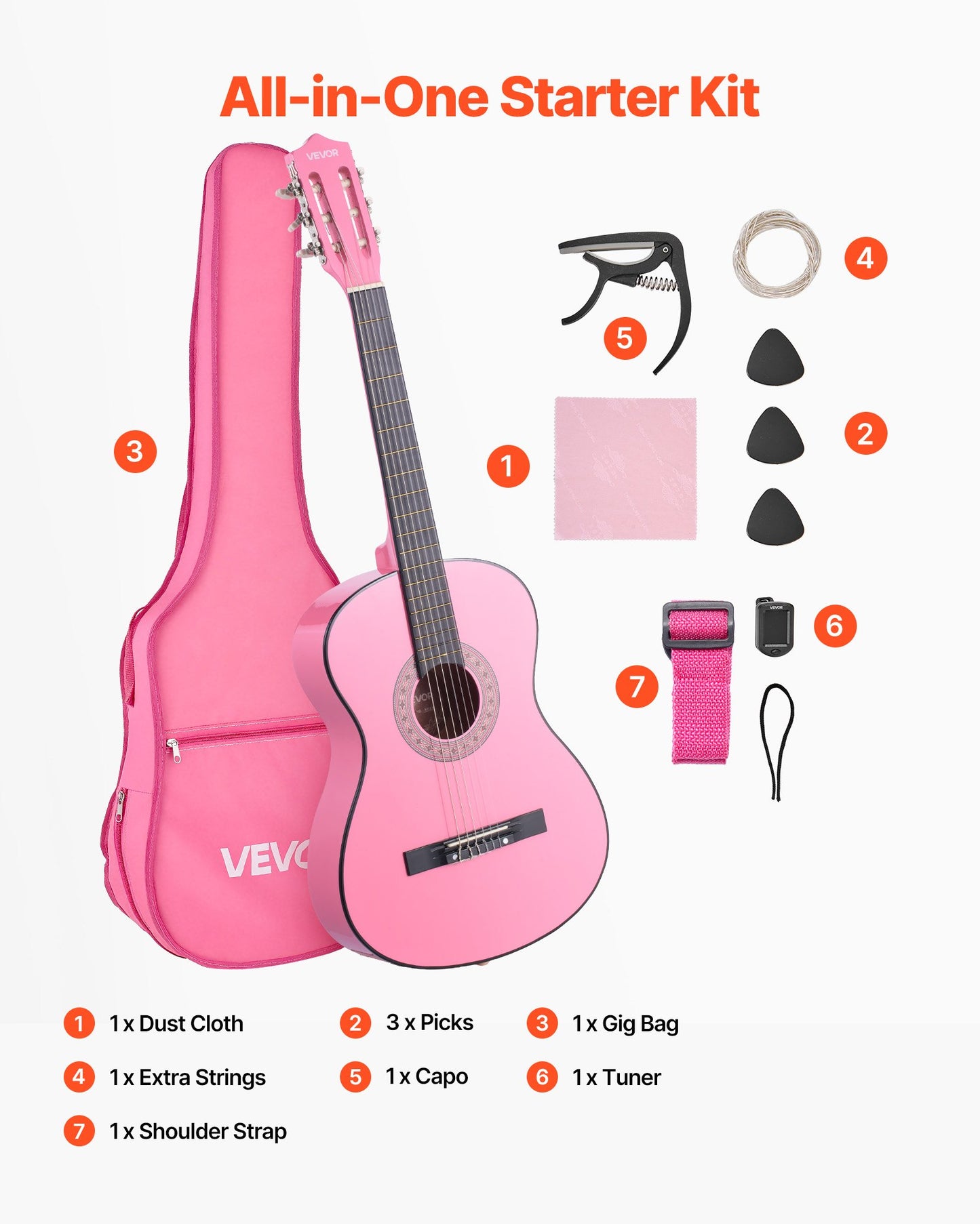 Classical Guitar, 38 Inch, Wood Classical Guitar Starter Kit for Beginners, with Nylon Strings, Gig Bag, Strap, Tuner, Extra Strings, Picks, Capo, Basswood, for Teenagers Adults Students, Pink