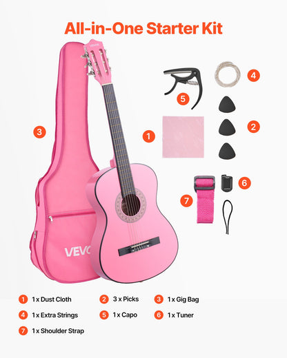Classical Guitar, 38 Inch, Wood Classical Guitar Starter Kit for Beginners, with Nylon Strings, Gig Bag, Strap, Tuner, Extra Strings, Picks, Capo, Basswood, for Teenagers Adults Students, Pink