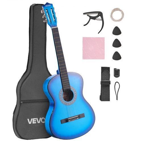 Classical Guitar, 38 Inch, Wood Classical Guitar Starter Kit for Beginners, with Nylon Strings, Gig Bag, Strap, Tuner, Extra Strings, Picks, Capo, Basswood, for Teenagers Adults Students, Blue