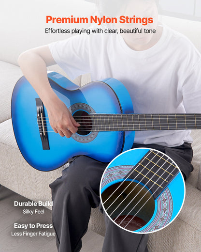 Classical Guitar, 38 Inch, Wood Classical Guitar Starter Kit for Beginners, with Nylon Strings, Gig Bag, Strap, Tuner, Extra Strings, Picks, Capo, Basswood, for Teenagers Adults Students, Blue