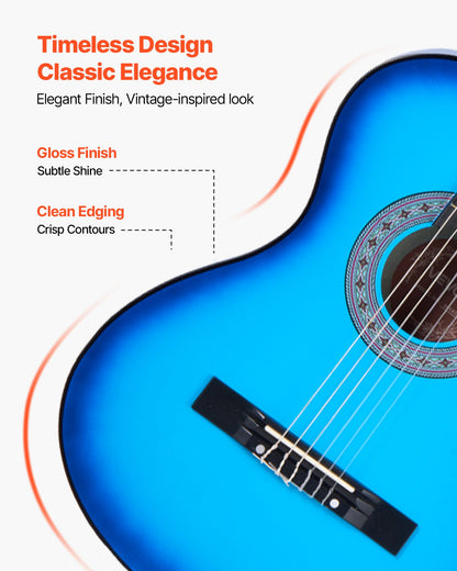 Classical Guitar, 38 Inch, Wood Classical Guitar Starter Kit for Beginners, with Nylon Strings, Gig Bag, Strap, Tuner, Extra Strings, Picks, Capo, Basswood, for Teenagers Adults Students, Blue