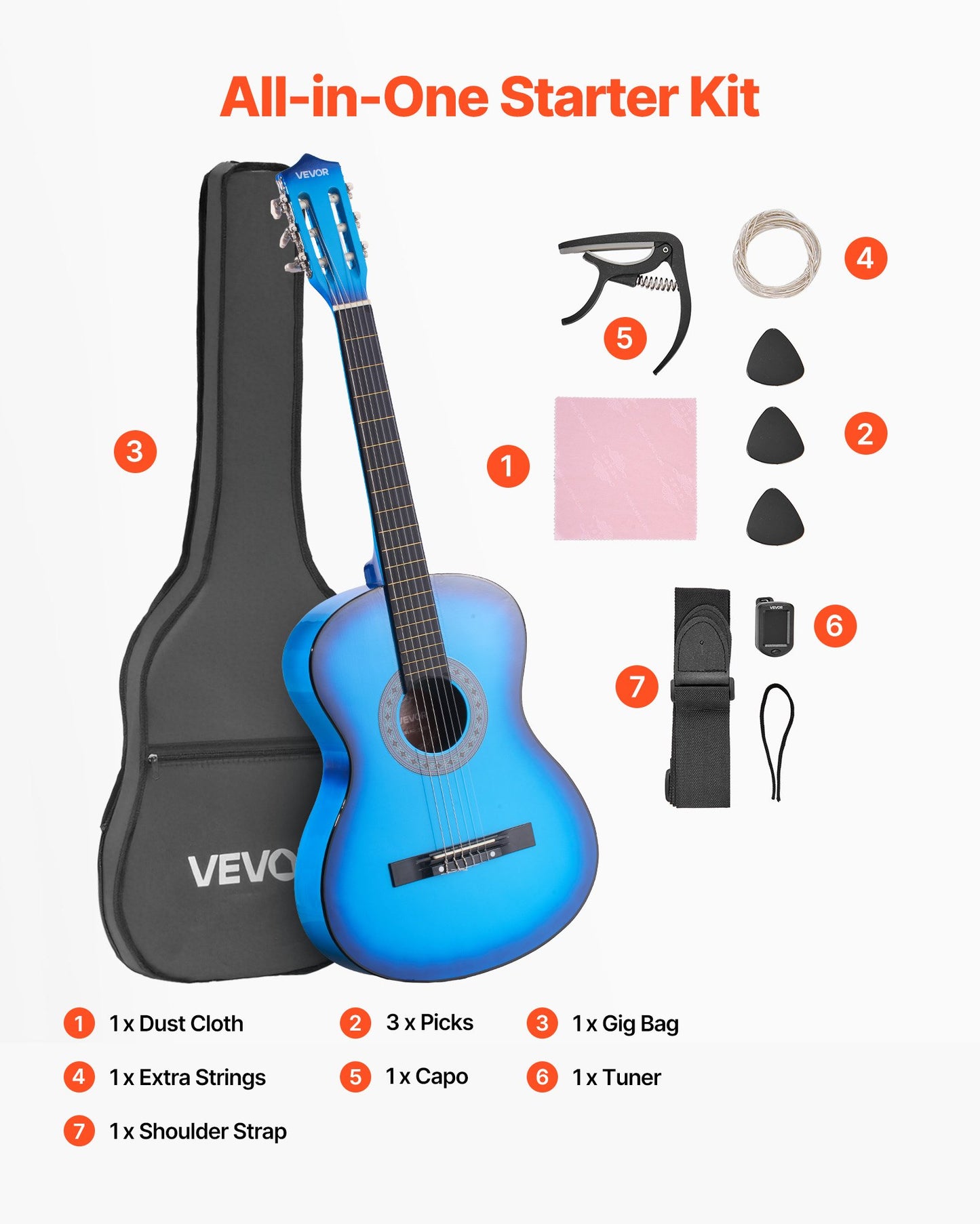 Classical Guitar, 38 Inch, Wood Classical Guitar Starter Kit for Beginners, with Nylon Strings, Gig Bag, Strap, Tuner, Extra Strings, Picks, Capo, Basswood, for Teenagers Adults Students, Blue