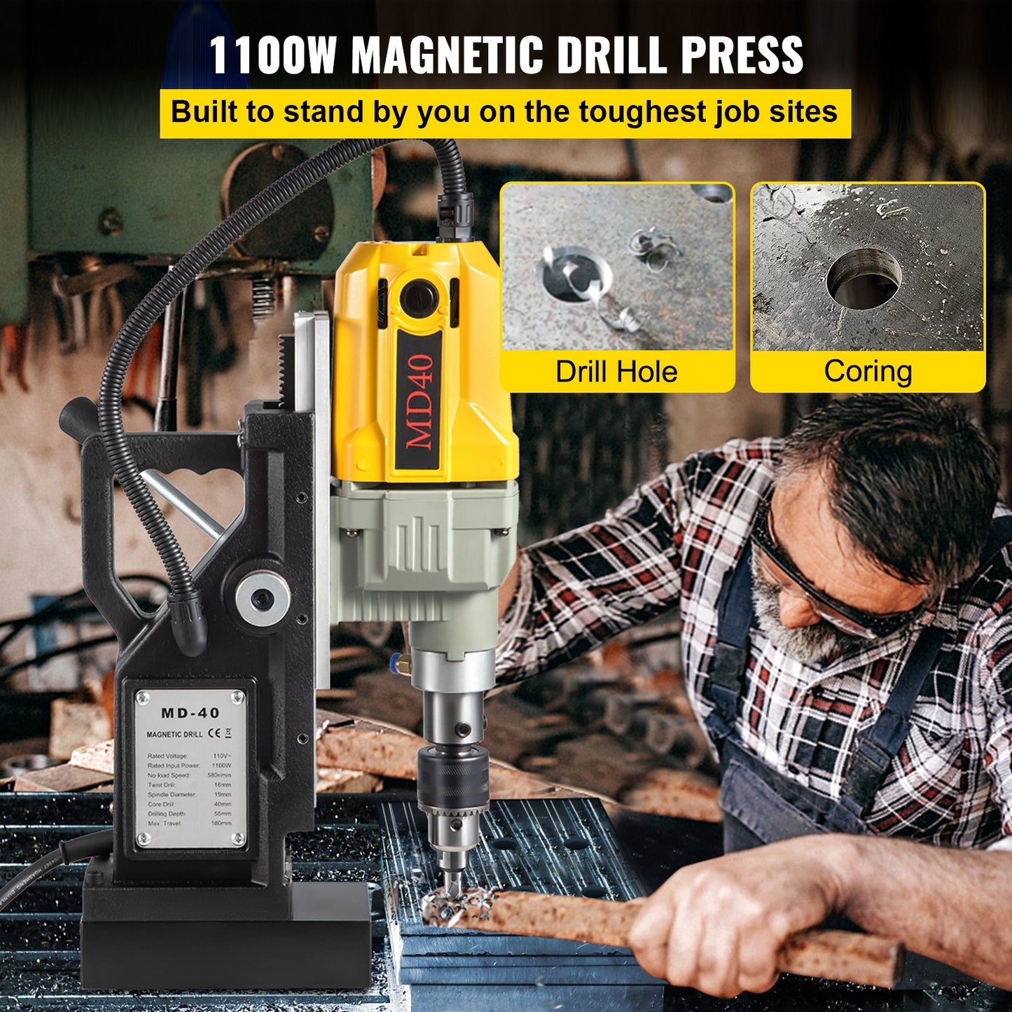 Magnetic Drill Press, 1100W 1.57" Drill Diameter, 2697lbf/12000N Portable Electric Mag Drill Press with 12 Bits, 580rpm Max Speed Drill for All Surfaces and Home Improvement
