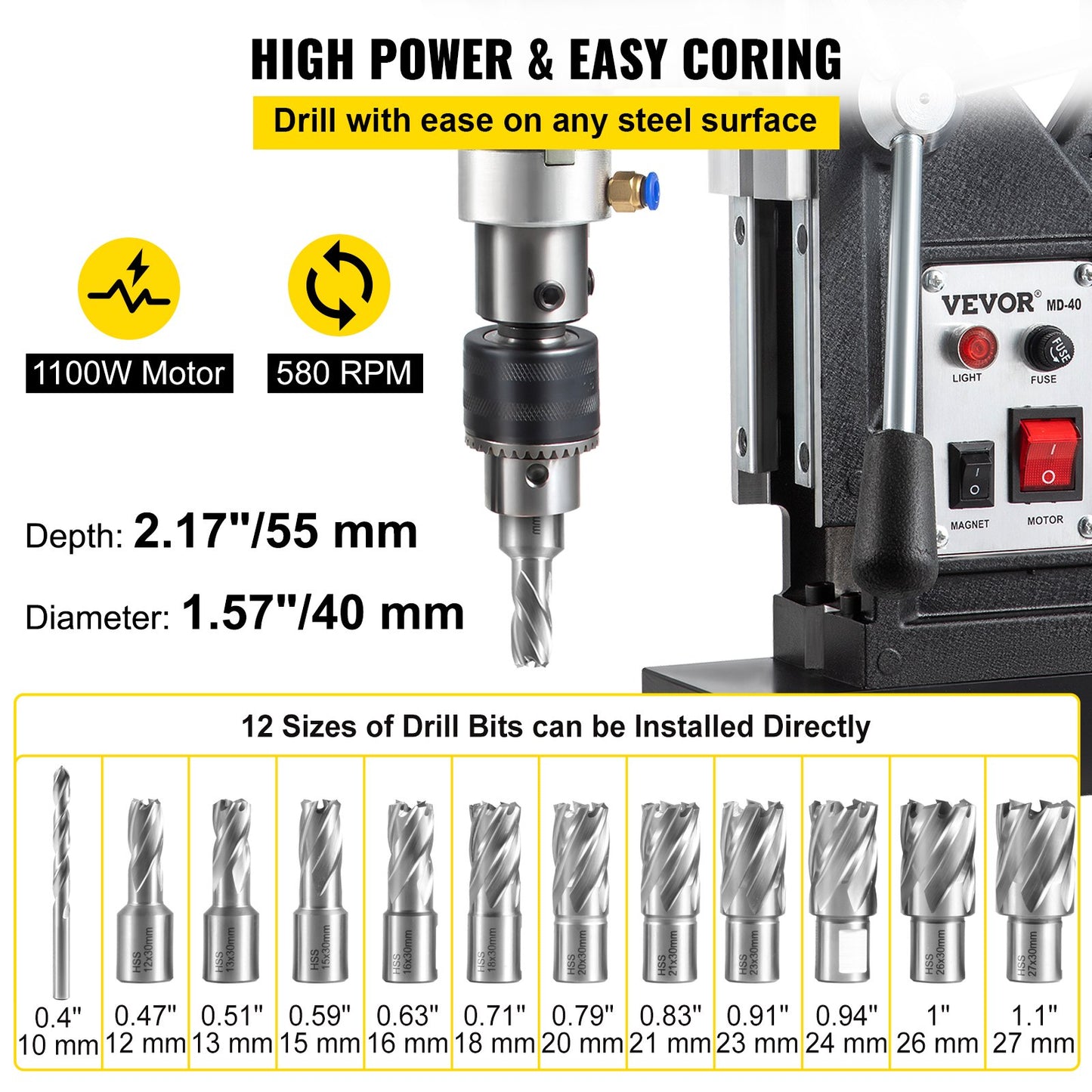Magnetic Drill Press, 1100W 1.57" Drill Diameter, 2697lbf/12000N Portable Electric Mag Drill Press with 12 Bits, 580rpm Max Speed Drill for All Surfaces and Home Improvement