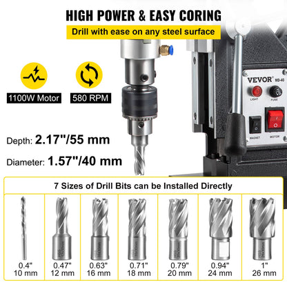 Magnetic Drill, 1100W 1.57\" Boring Diameter, 2697lbf/12000N Portable Electric Mag Drill Press with 7 Bits, 580 RPM Max Speed Drilling Machine for any Surface and Home Improvement