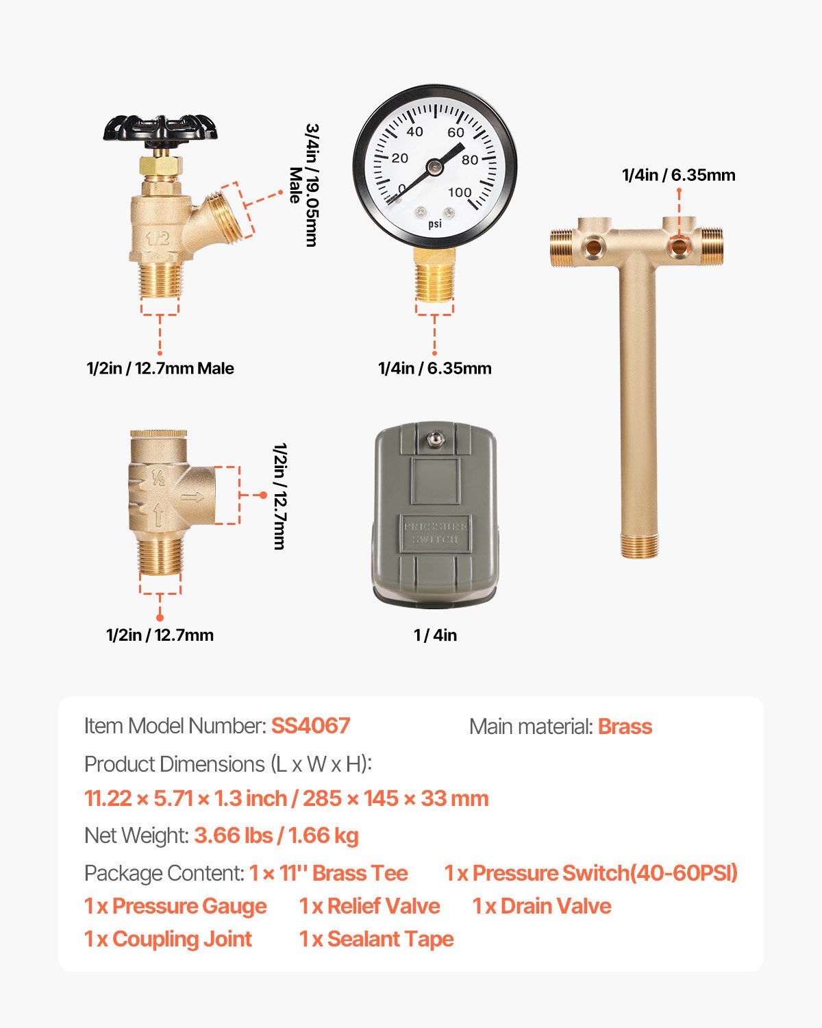 1" x 11" Well Pressure Tank Tee Kit, with 40/60PSI Switch, 7-Pieces Pure Brass Pressure Tank Installation Kit for Water Well, Fit Most Tanks with Diameters up to 16 Inches