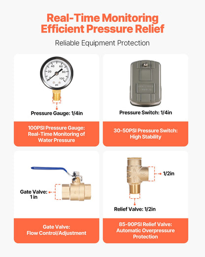 1" x 11" Well Pressure Tank Tee Kit, with 30/50PSI Switch, 8-Pieces Pure Brass Pressure Tank Installation Kit for Water Well, 1 in Gate Valve Included, Fit Most tanks with Diameter up to 16 in