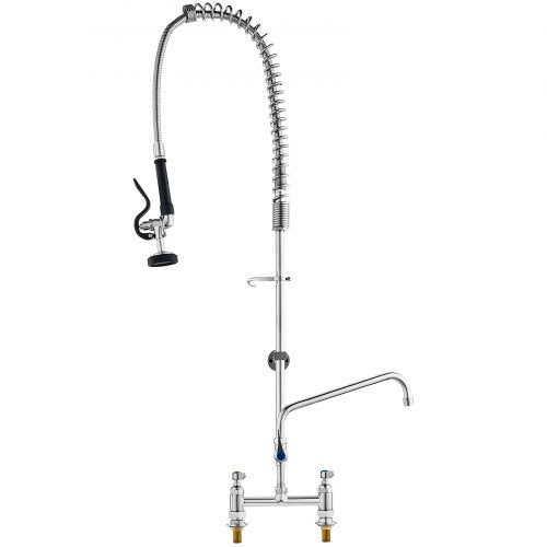Industrial Sink Faucet, 44" Tall, 8" Install Space, 12" Rotating Spout, Surface Mount, Brass-Made with Extendable Sprayer, Suitable for Single/Triple Basin