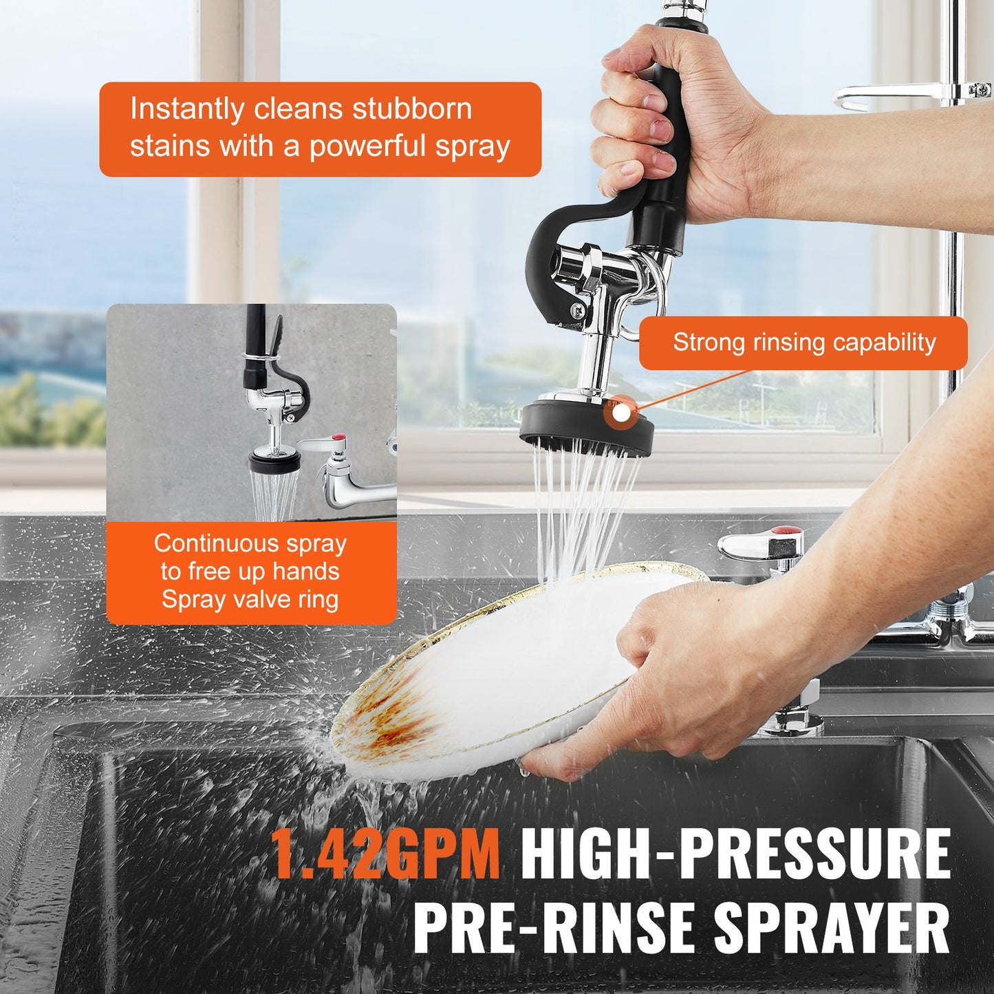 Commercial Faucet with Pre-Rinse Sprayer, 26" Height, 8" Center, 12" Swing Spout, Deck Mount Kitchen Sink Faucet, Brass Constructed Device with Pull Down Spray, for 1/2/3 Compartment Sink