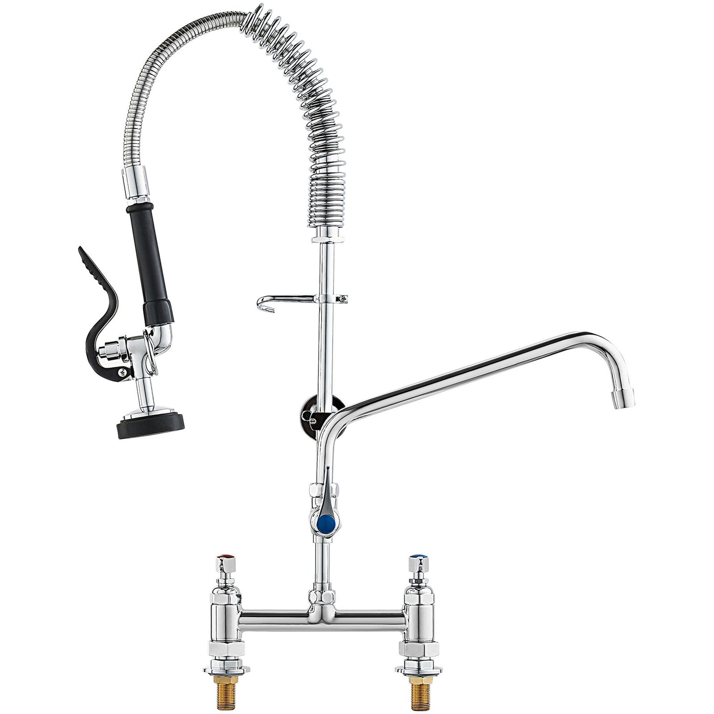 Commercial Faucet with Pre-Rinse Sprayer, 26" Height, 8" Center, 12" Swivel Spout, Deck Mounted Sink Faucet, Brass Constructed Unit with Pull Down Spray, for 1/2/3 Bowl Sink