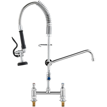 Commercial Faucet with Pre-Rinse Sprayer, 26" Height, 8" Center, 12" Swivel Spout, Deck Mounted Sink Faucet, Brass Constructed Unit with Pull Down Spray, for 1/2/3 Bowl Sink