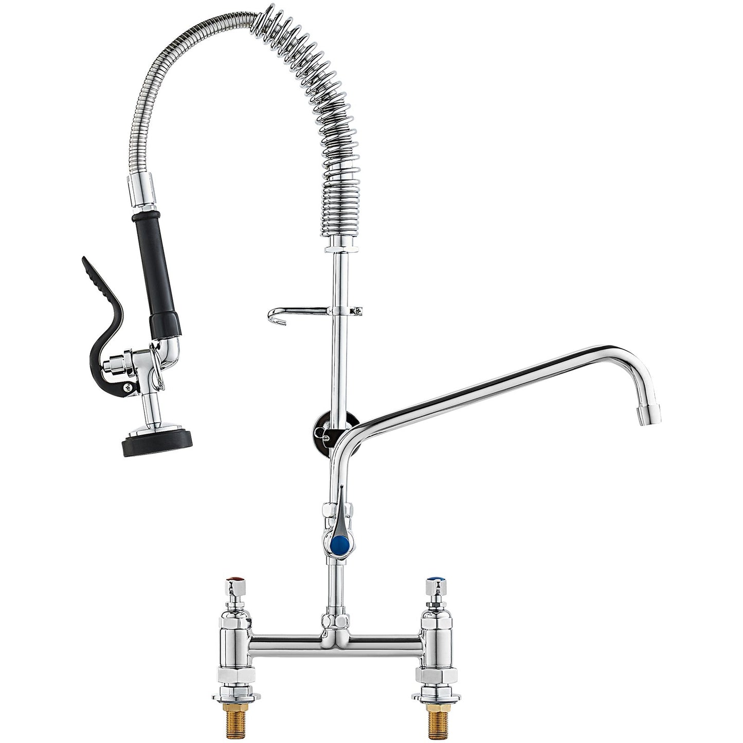 Commercial Faucet with Pre-Rinse Sprayer, 26" Height, 8" Center, 12" Swivel Spout, Deck Mounted Sink Faucet, Brass Constructed Unit with Pull Down Spray, for 1/2/3 Bowl Sink