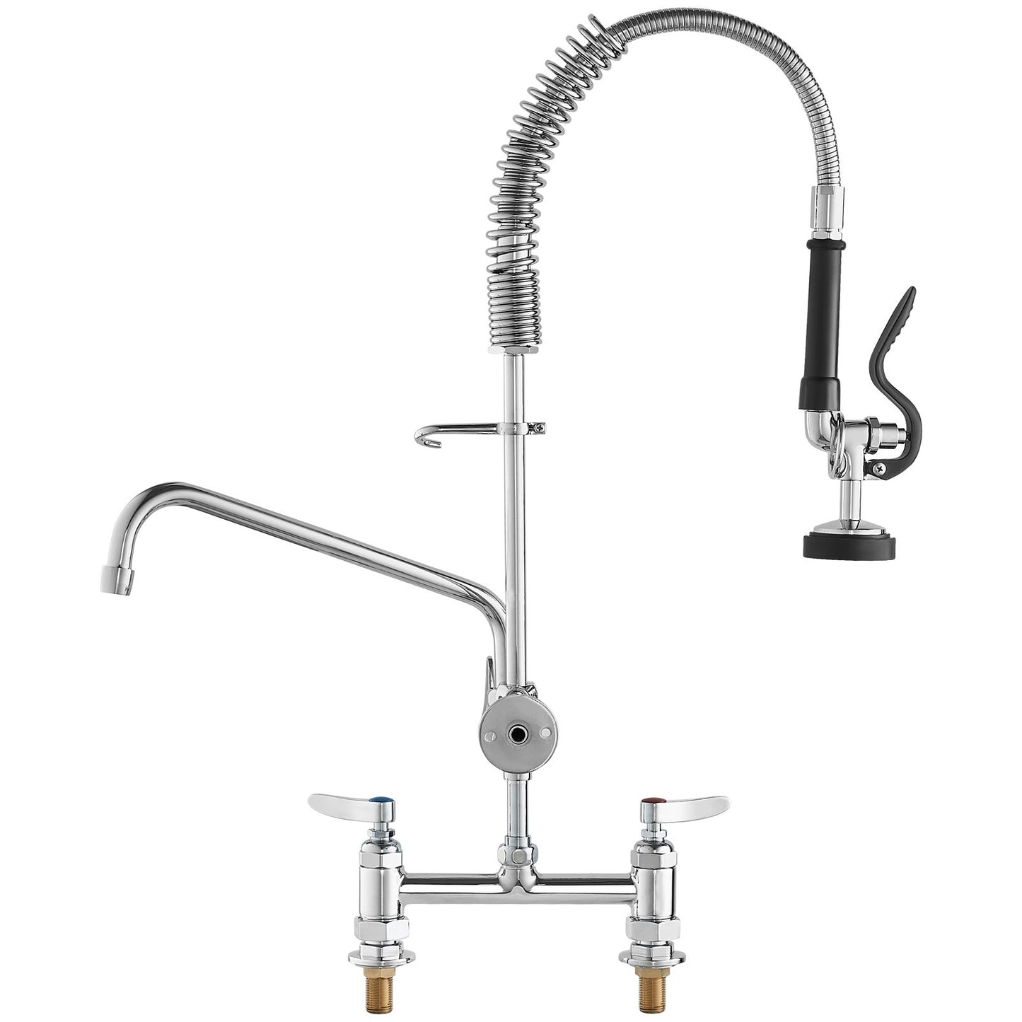 Commercial Faucet with Pre-Rinse Sprayer, 26" Height, 8" Center, 12" Swivel Spout, Deck Mounted Sink Faucet, Brass Constructed Unit with Pull Down Spray, for 1/2/3 Bowl Sink