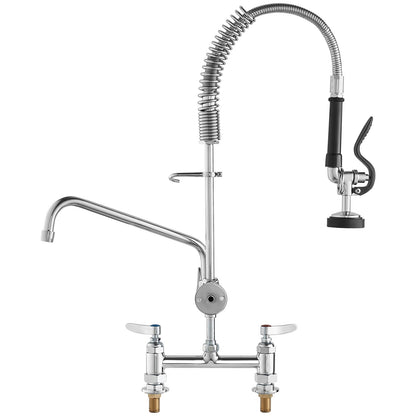 Commercial Faucet with Pre-Rinse Sprayer, 26" Height, 8" Center, 12" Swivel Spout, Deck Mounted Sink Faucet, Brass Constructed Unit with Pull Down Spray, for 1/2/3 Bowl Sink
