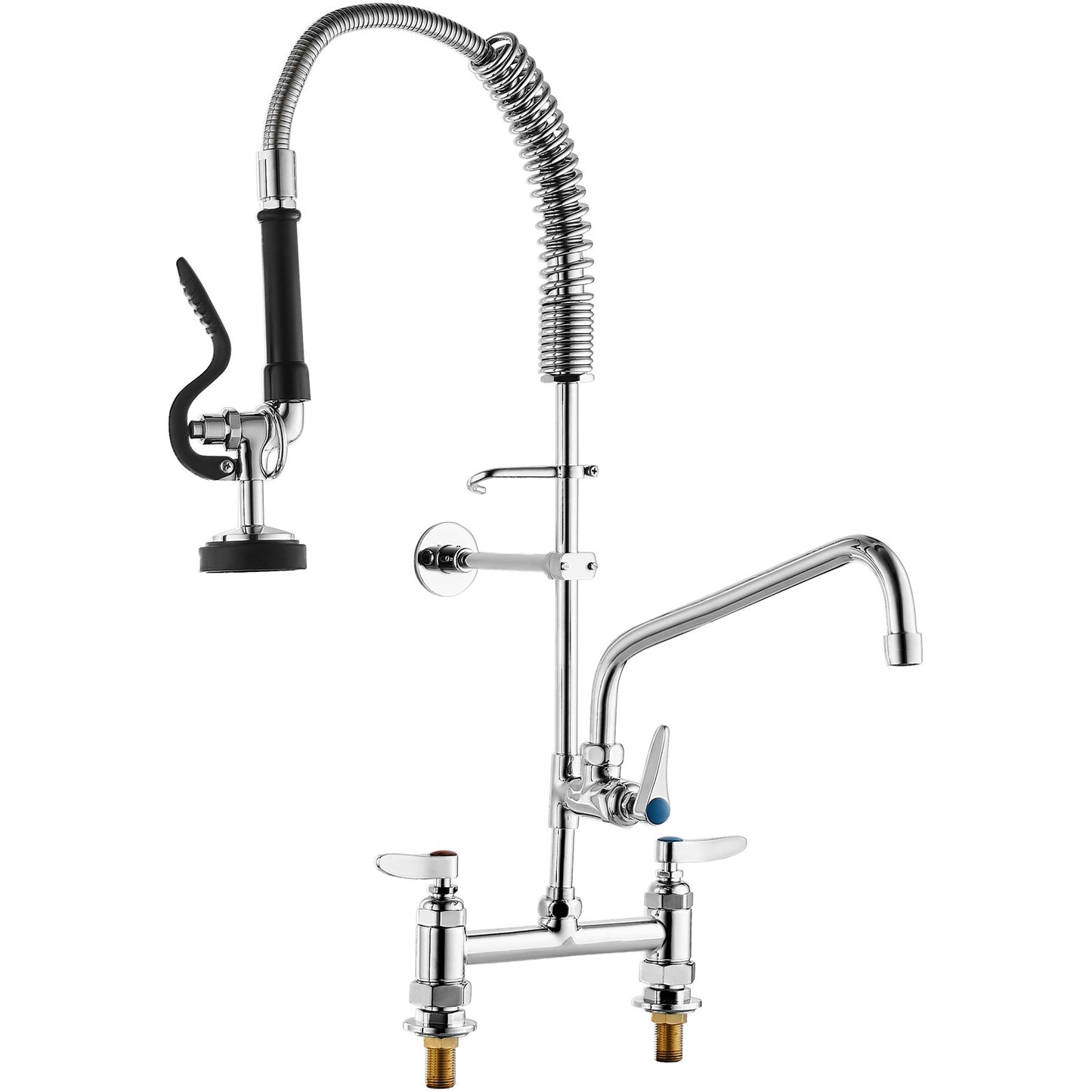 Commercial Faucet with Pre-Rinse Sprayer, 26" Height, 8" Center, 12" Swivel Spout, Deck Mounted Sink Faucet, Brass Constructed Unit with Pull Down Spray, for 1/2/3 Bowl Sink