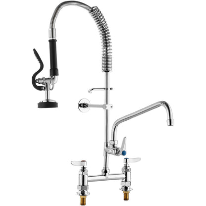 Commercial Faucet with Pre-Rinse Sprayer, 26" Height, 8" Center, 12" Swivel Spout, Deck Mounted Sink Faucet, Brass Constructed Unit with Pull Down Spray, for 1/2/3 Bowl Sink