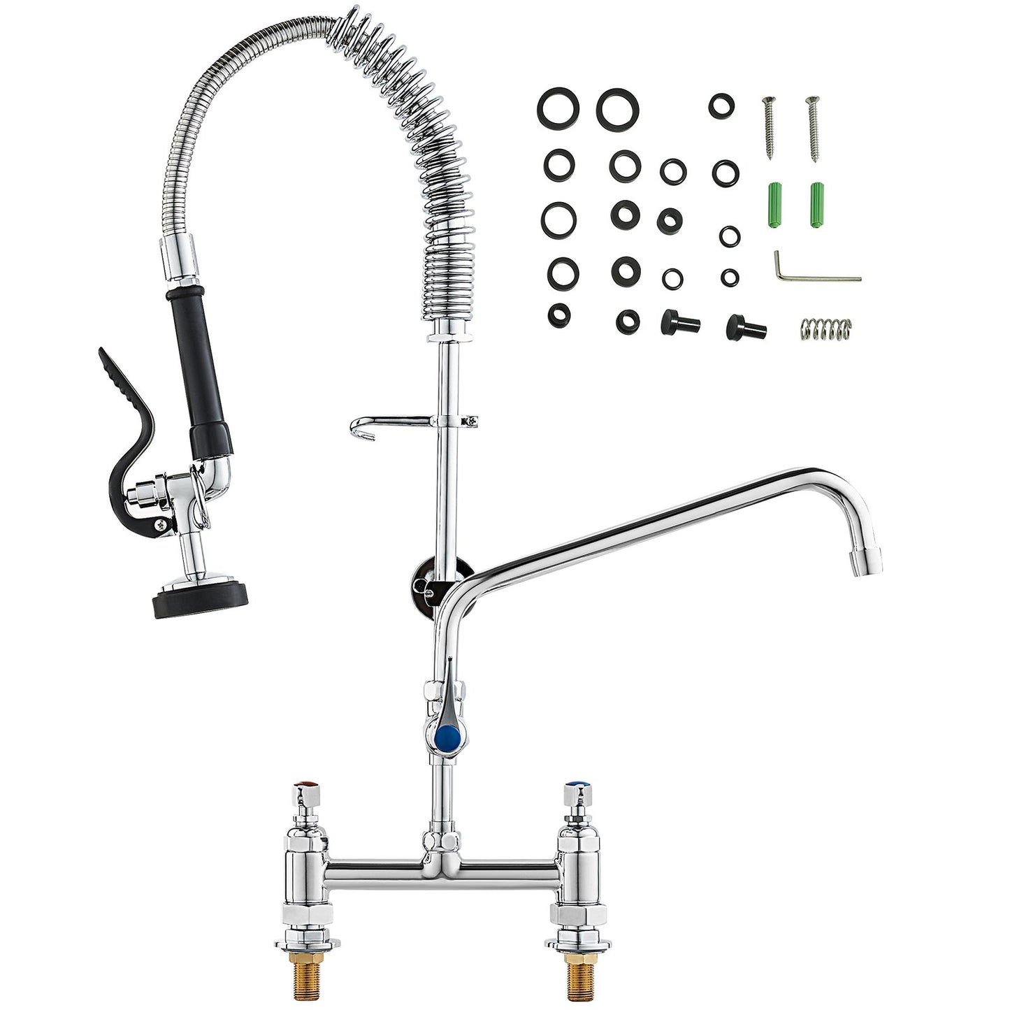 Commercial Faucet with Pre-Rinse Sprayer, 26" Height, 8" Center, 12" Swivel Spout, Deck Mounted Sink Faucet, Brass Constructed Unit with Pull Down Spray, for 1/2/3 Bowl Sink