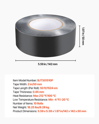 Deck Joist Tape, 2 inch x 50 ft, 10 Pack, Weather-Resistant Waterproof Flashing Butyl Joist Tape for Decking, Self-Adhesive, for Wood Decks, Beams Roofs, RVs, House, and Pipes Repair, Black