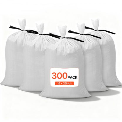 Empty Sandbags, 300 Packs 16 x 26 in, Heavy Duty Sand Bags Sacks with Ties, 50lb Capacity Woven Polypropylene Sandbags, Tear-Resistant & UV-Resistant Sand Bags for Flood Protection Barrier