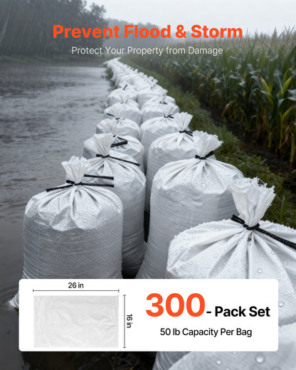Empty Sandbags, 300 Packs 16 x 26 in, Heavy Duty Sand Bags Sacks with Ties, 50lb Capacity Woven Polypropylene Sandbags, Tear-Resistant & UV-Resistant Sand Bags for Flood Protection Barrier