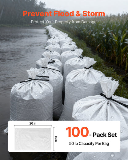 Empty Sandbags, 100 Packs 16 x 26 in, Heavy Duty Sand Bags Sacks with Ties, 50lb Capacity Woven Polypropylene Sandbags, Tear-Resistant & UV-Resistant Sand Bags for Flood Protection Barrier