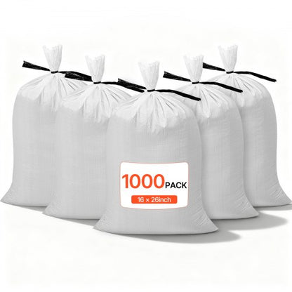 Empty Sandbags, 1000 Packs 16 x 26 in, Heavy Duty Sand Bags Sacks with Ties, 50lb Capacity Woven Polypropylene Sandbags, Tear-Resistant & UV-Resistant Sand Bags for Flood Protection Barrier
