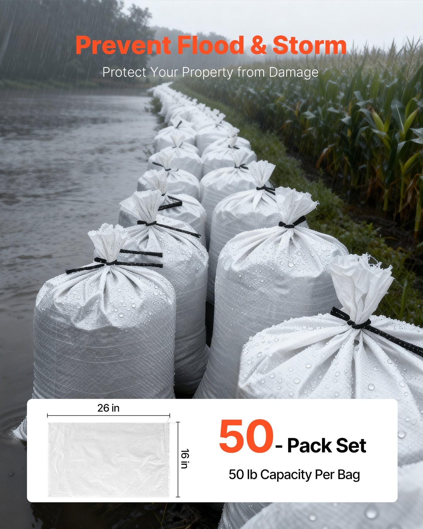 Heavy Duty Sand Bags, 50Pack 14" x 26", Empty Sandbags for Flooding with Tie Strings, Woven Polypropylene Sand Bag with 1600 Hours of UV Protection, 50Lbs Capacity