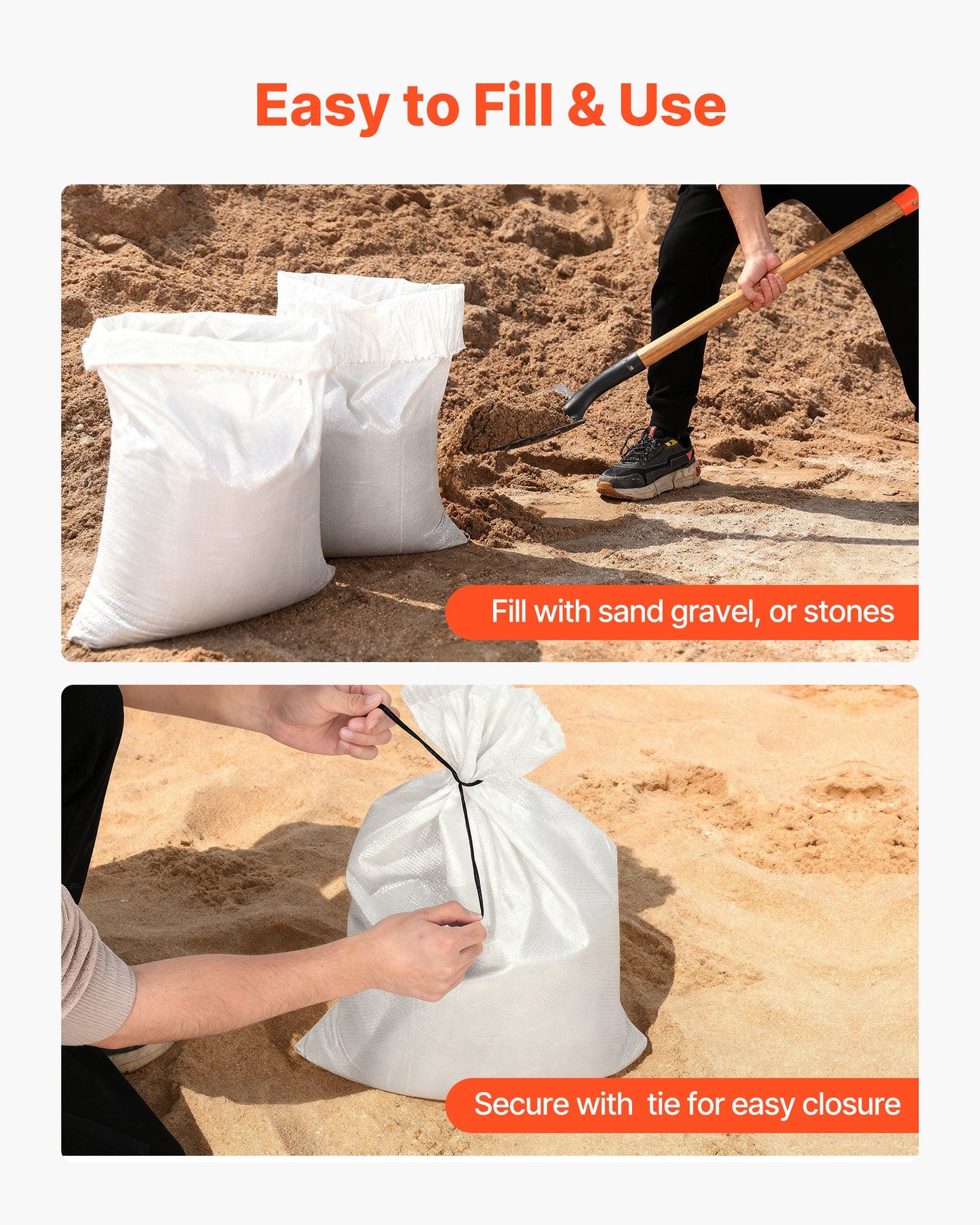 Empty Sandbags, 200 Packs 16 x 26 in, Heavy Duty Sand Bags Sacks with Ties, 50lb Capacity Woven Polypropylene Sandbags, Tear-Resistant & UV-Resistant Sand Bags for Flood Protection Barrier