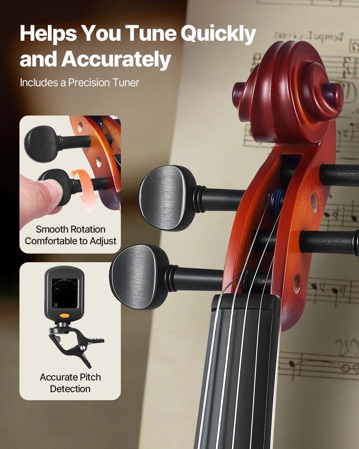 Violin 3/4 Size for Adults, Violin Fiddle Set for Beginners with Hard Case, Rosin, Bow, Shoulder Rest, Bridge, Tuner and Extra Strings, Professional Musical Instruments for Student (Brown)