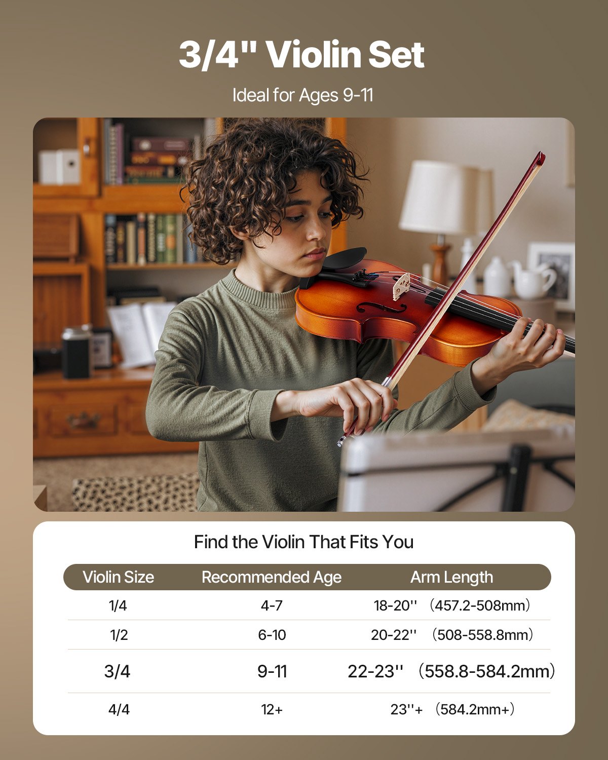 Violin 3/4 Size for Adults, Violin Fiddle Set for Beginners with Hard Case, Rosin, Bow, Shoulder Rest, Bridge, Tuner and Extra Strings, Professional Musical Instruments for Student (Brown)
