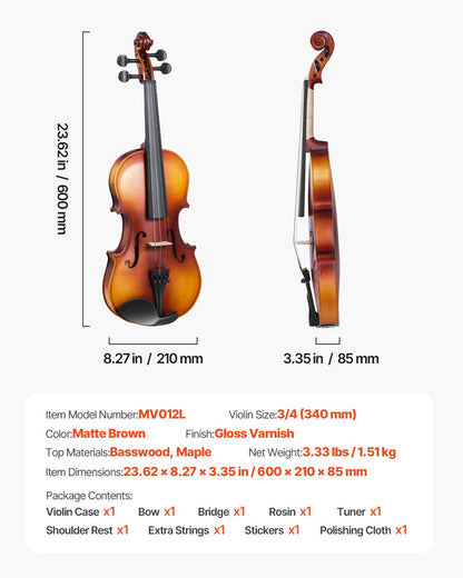 Violin 3/4 Size for Adults, Violin Fiddle Set for Beginners with Hard Case, Rosin, Bow, Shoulder Rest, Bridge, Tuner and Extra Strings, Professional Musical Instruments for Student (Brown)