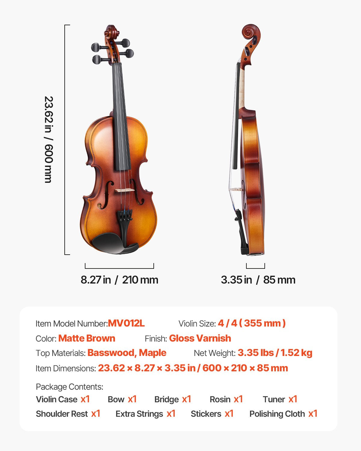Violin 4/4 Full Size for Adults, Violin Fiddle Set for Beginners with Hard Case, Rosin, Bow, Shoulder Rest, Bridge, Tuner and Extra Strings, Professional Musical Instruments for Student (Brown)